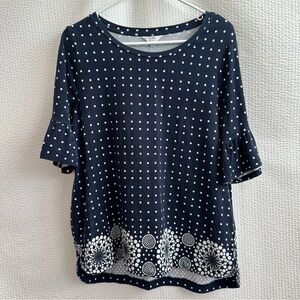 Crown & Ivy Navy Polka Dot Flutter Sleeve Top Floral Border Stretch Medium Tee